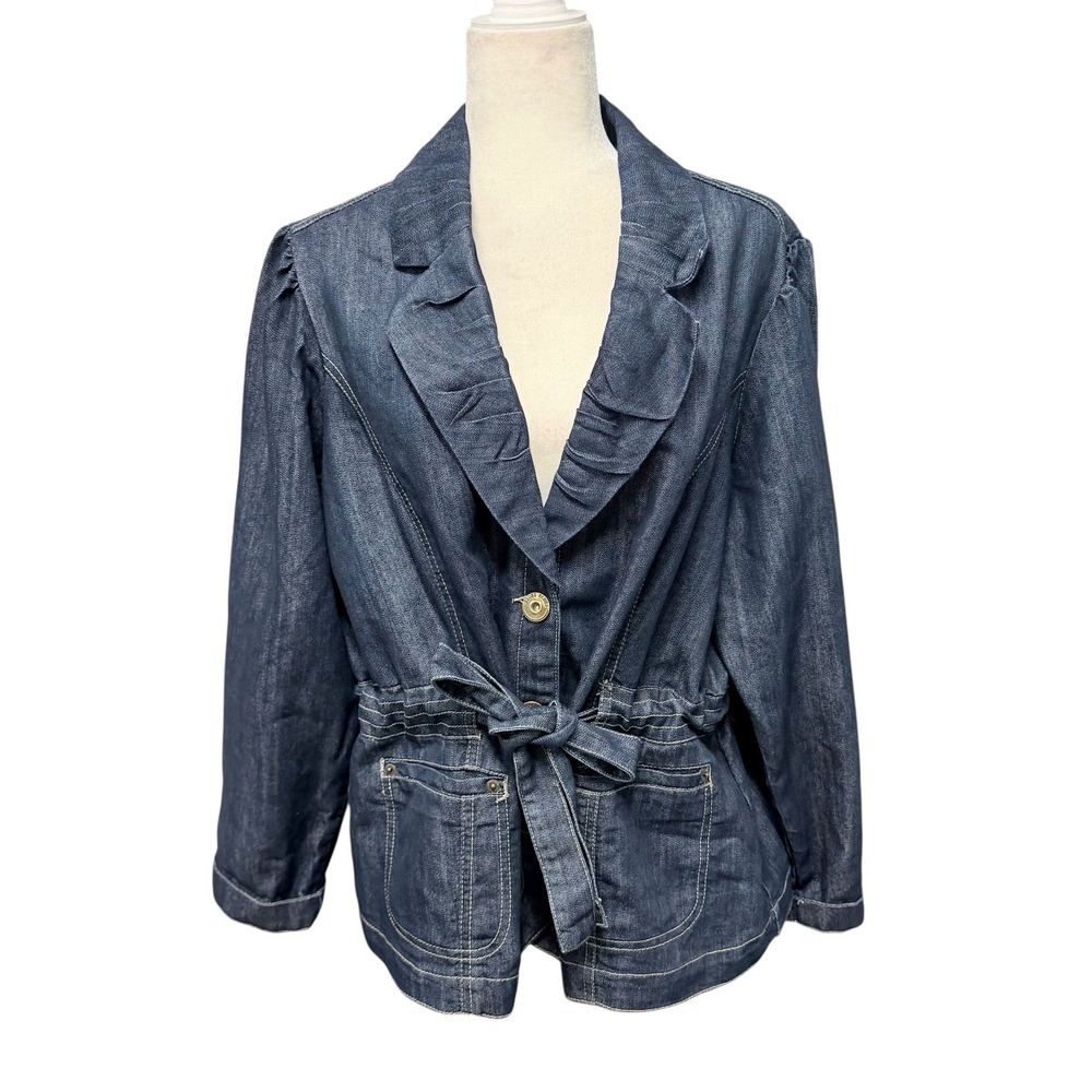 Womens Denim Blazer Jacket Plus‎ Size 2X Ruffle Lapel Tie Waist Peplum Chambray